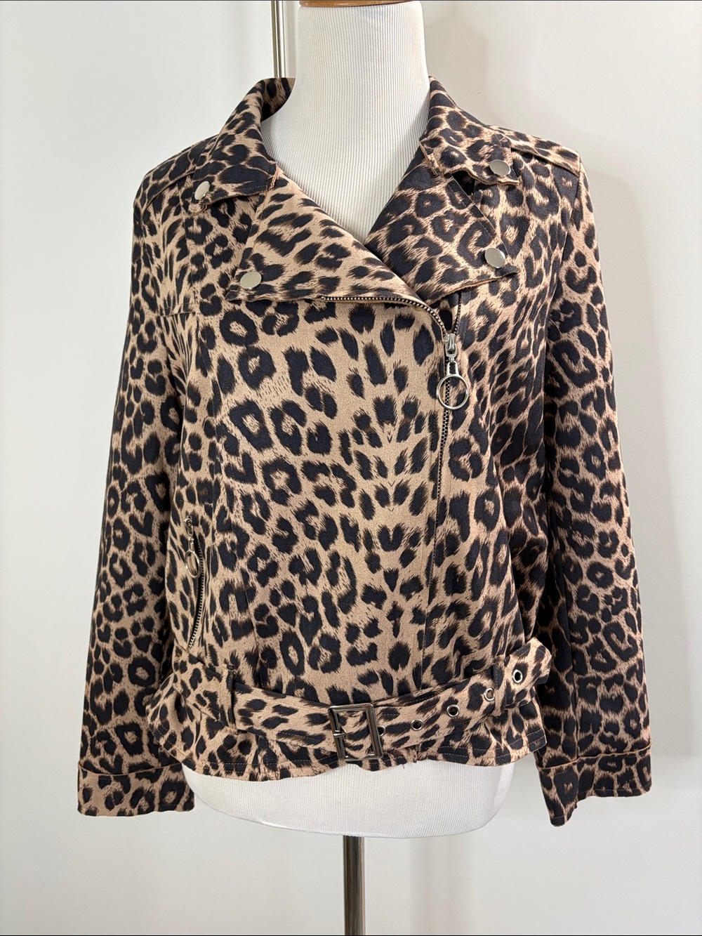 Bar by Alexa Rae Run Wild Leopard Print Faux-Silk Moto Jacket - Tan & Black L